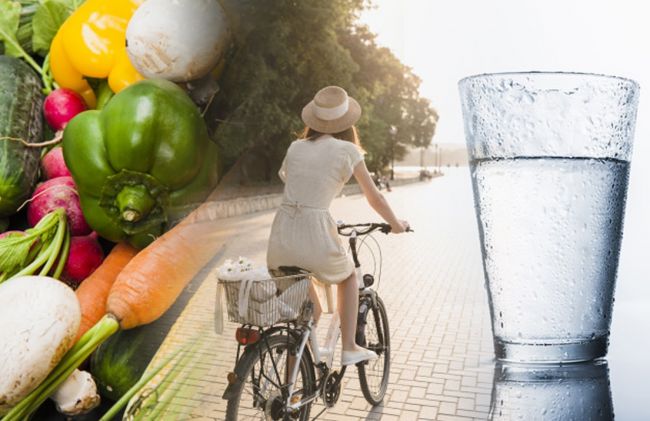 alimentos-vegetales-bicicleta-vaso-agua