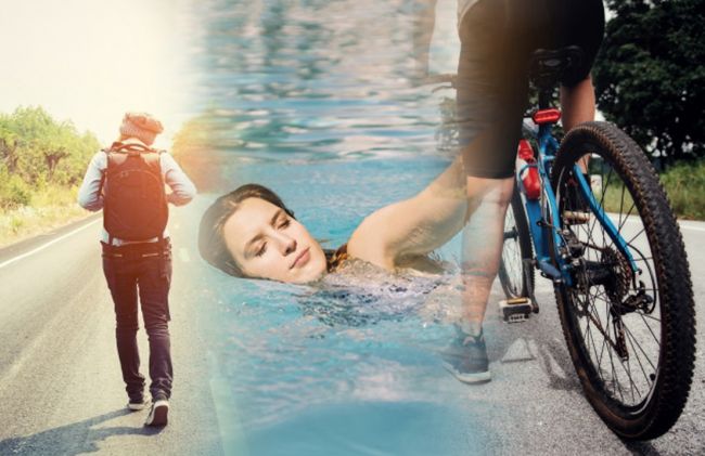 mujer-caminando-nadando-bicicleta