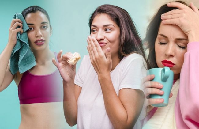 mujer-sudndo-comiendo-tomando-cansada