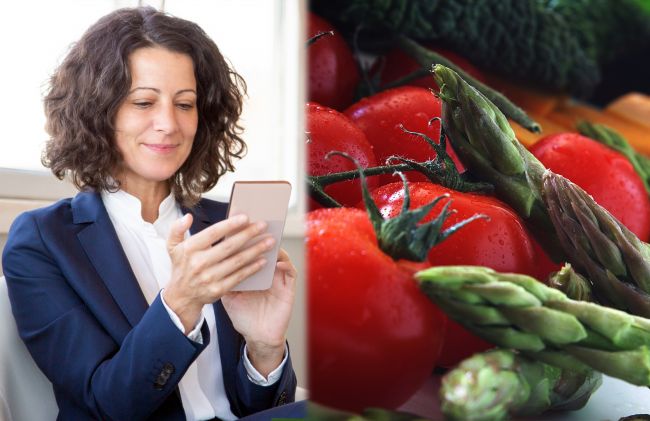 mujer-celular-esparragos-tomates