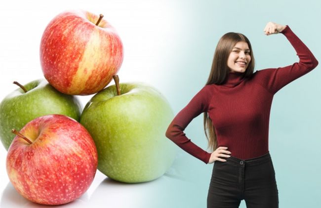 manzana-roja-verde-mujer-fuerte