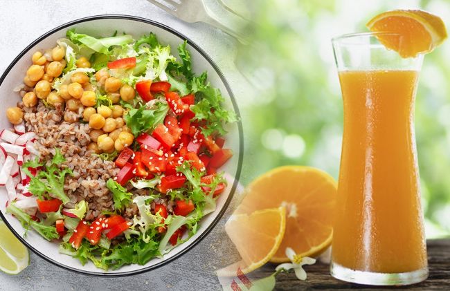 plato-verduras-garbanzos-jugo-naranja